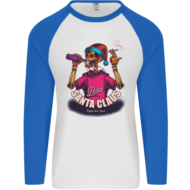 Bad Santa Claus Funny Skull Beer Alcohol Mens L/S Baseball T-Shirt White/Royal Blue