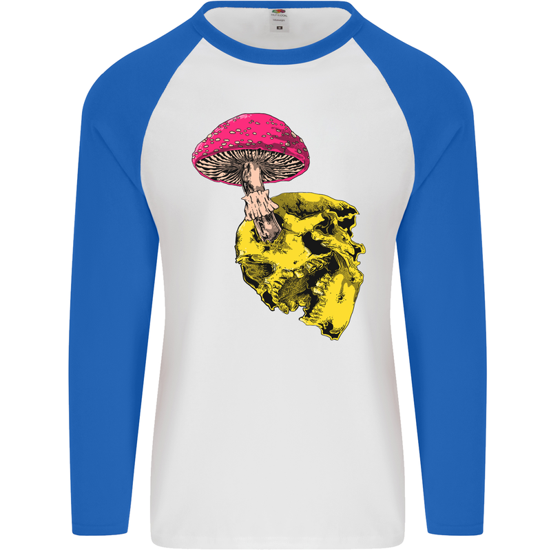 Mushroom Skull Toadstool Magic Gothic Mens L/S Baseball T-Shirt White/Royal Blue