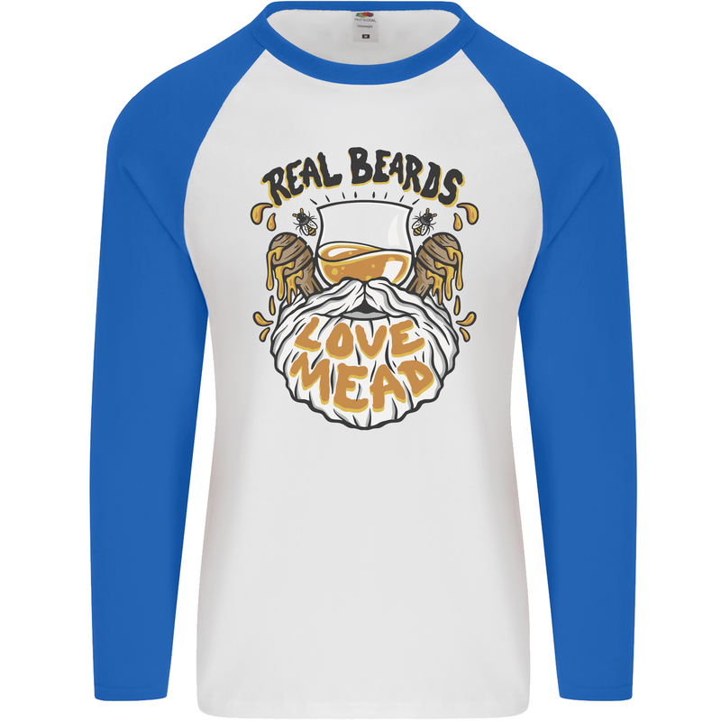 Real Beards Love Mead Funny Beer Alcohol Mens L/S Baseball T-Shirt White/Royal Blue