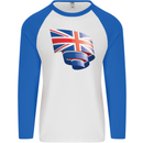 Curled British Flag Union Jack Britain Mens L/S Baseball T-Shirt White/Royal Blue
