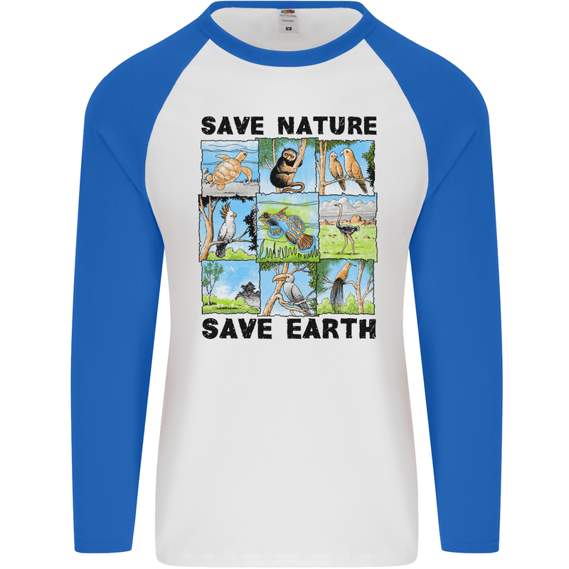 Save Nature Save Earth Ecology Environment Mens L/S Baseball T-Shirt White/Royal Blue