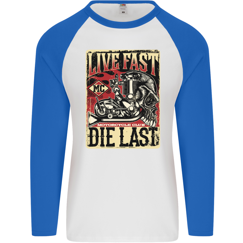 Live Fast Motorcycle Motorbike Biker Chopper Mens L/S Baseball T-Shirt White/Royal Blue