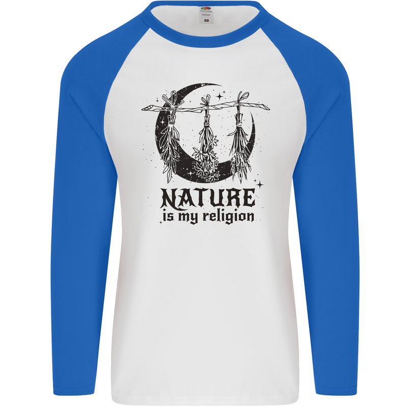 Nature Is My Religion Halloween Witch Mens L/S Baseball T-Shirt White/Royal Blue