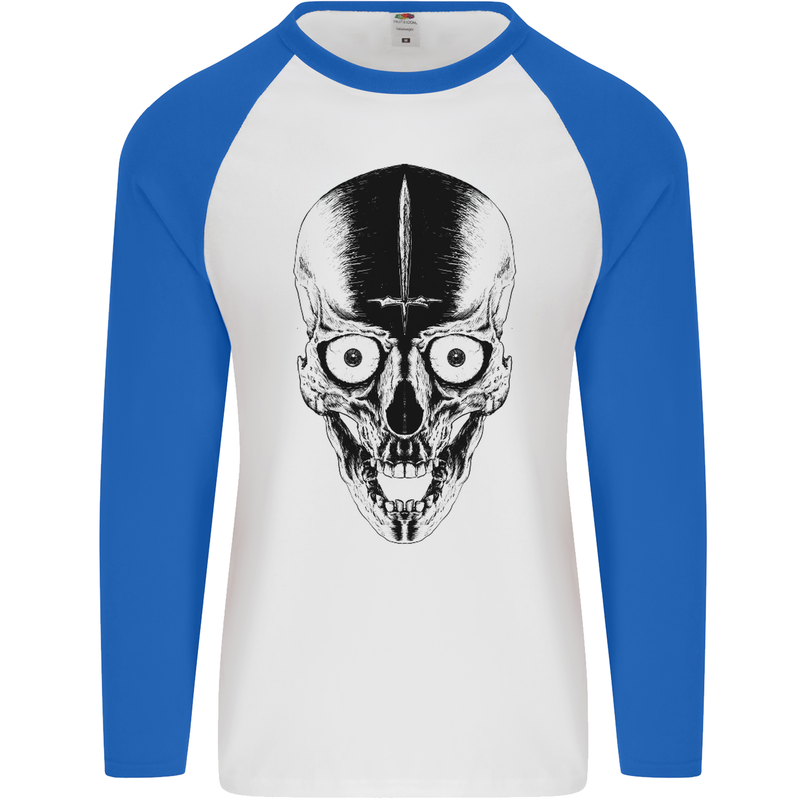 Skull With a Sword Gothic Heavy Metal Rock Mens L/S Baseball T-Shirt White/Royal Blue