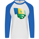 Curled Saint Vincent and Grenadines Flag Football Mens L/S Baseball T-Shirt White/Royal Blue