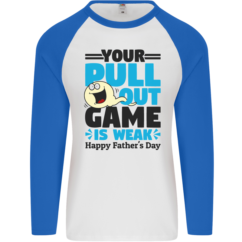 Pull Out Game Funny Offensive Fathers Day Mens L/S Baseball T-Shirt White/Royal Blue