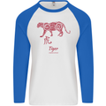 Chinese Zodiac Shengxiao Year of the Tiger Mens L/S Baseball T-Shirt White/Royal Blue