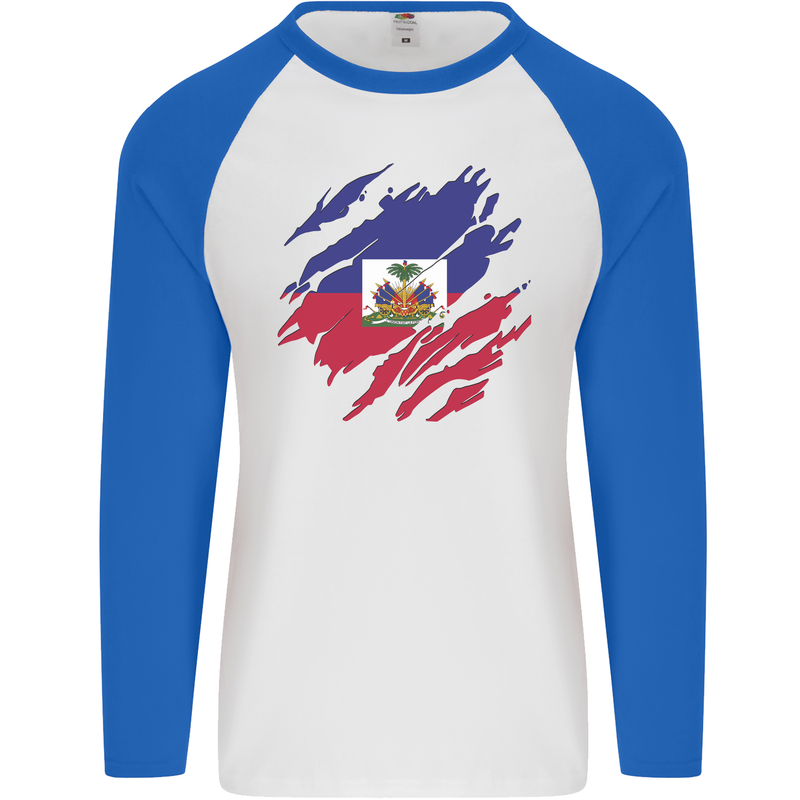 Torn Haiti Flag Haitian Day Football Mens L/S Baseball T-Shirt White/Royal Blue