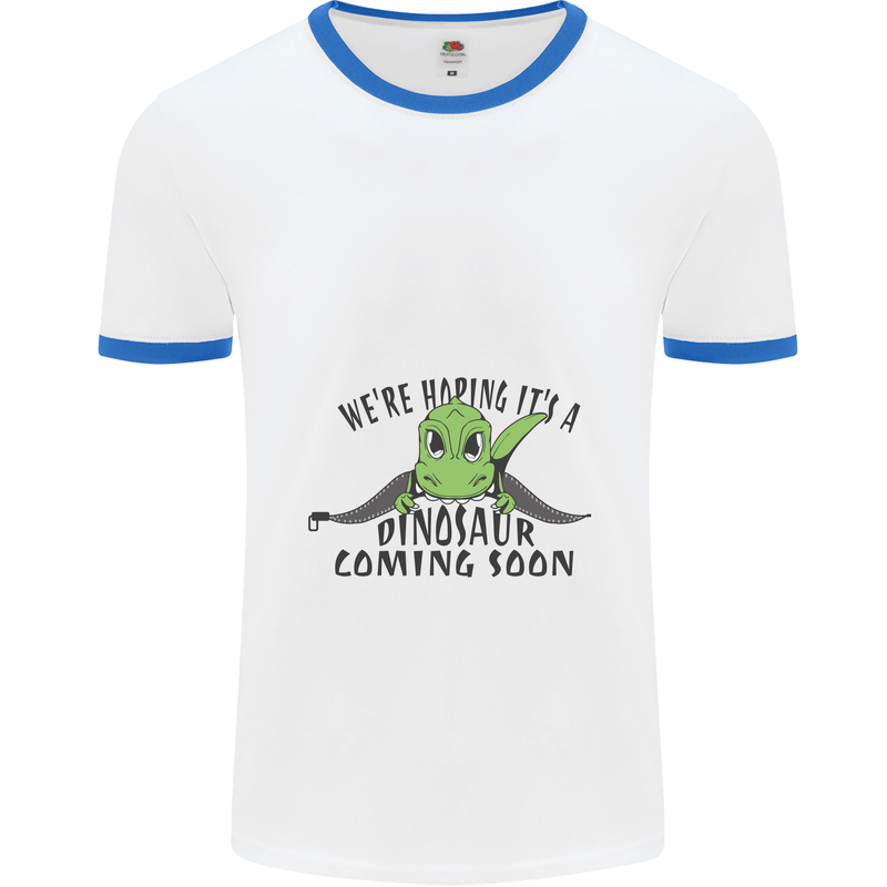 Dinosaur Coming Soon New Baby Pregnancy Pregnant Mens Ringer T-Shirt White/Royal Blue