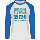 Arriving 2026 New Baby Pregnancy Pregnant Mens L/S Baseball T-Shirt White/Royal Blue