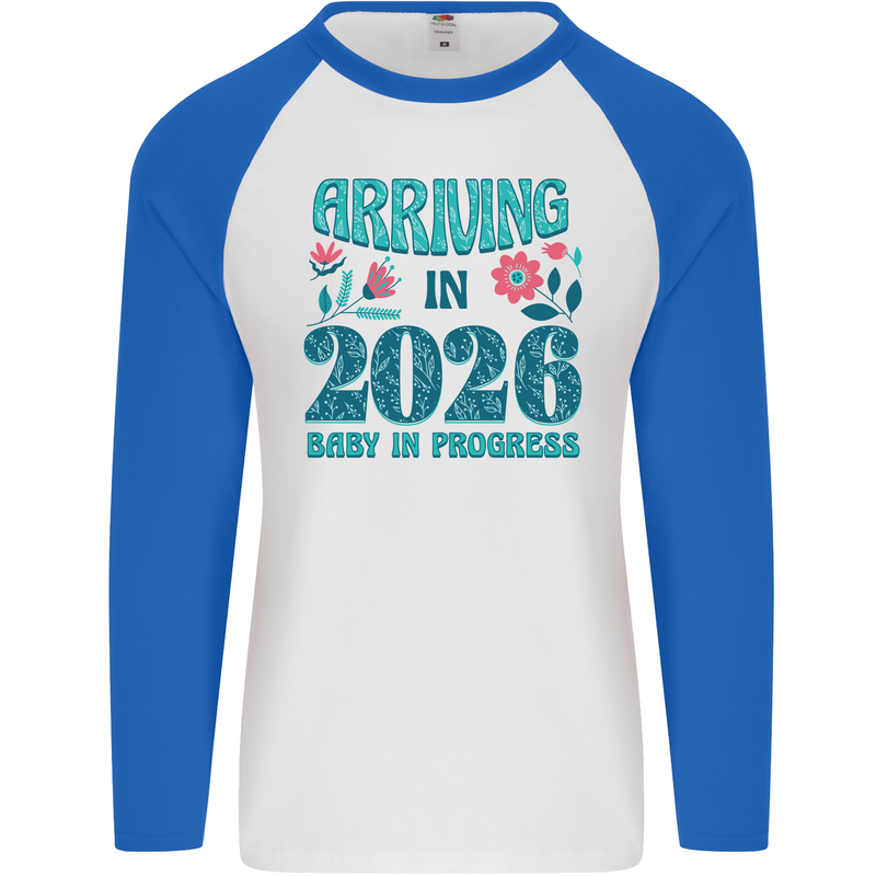 Arriving 2026 New Baby Pregnancy Pregnant Mens L/S Baseball T-Shirt White/Royal Blue