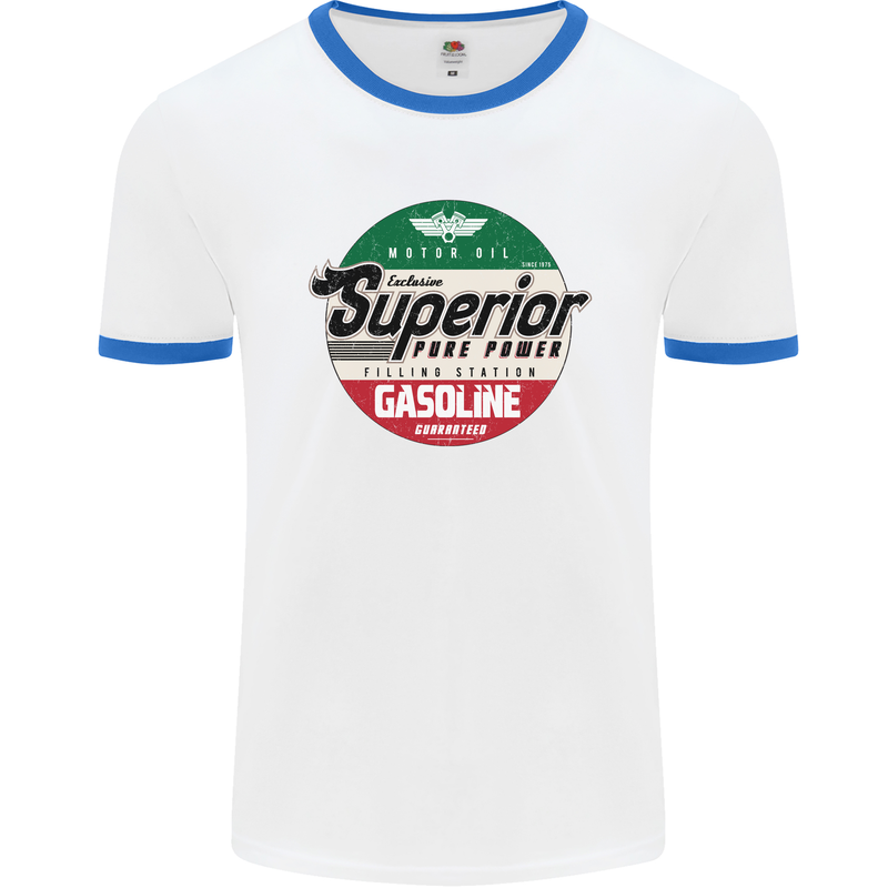 Superior Gasoline Biker Motorcycle Motorbike Mens Ringer T-Shirt White/Royal Blue