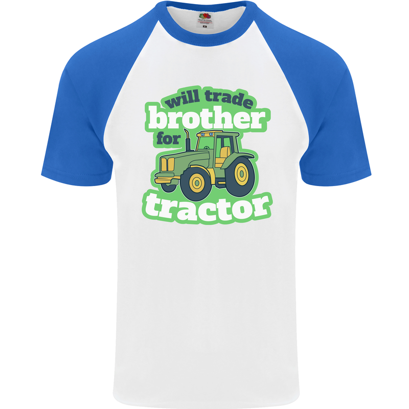 Will Trade Brother For Tractor Farmer Mens S/S Baseball T-Shirt White/Royal Blue
