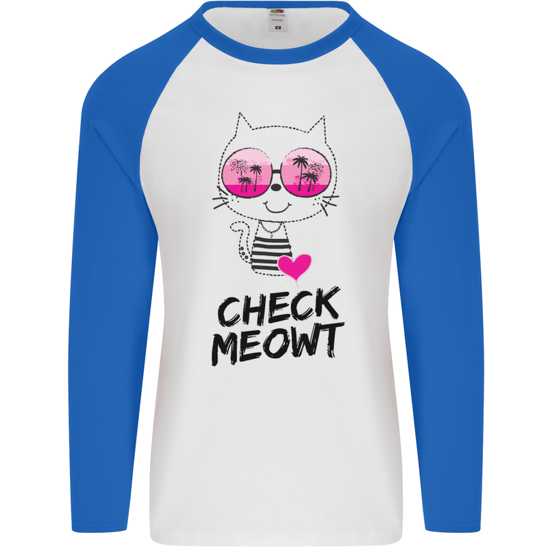 Check Meowt Mens L/S Baseball T-Shirt White/Royal Blue