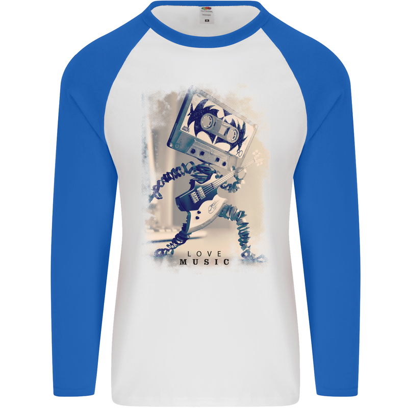 Love Music Rock n Roll Guitar Mens L/S Baseball T-Shirt White/Royal Blue