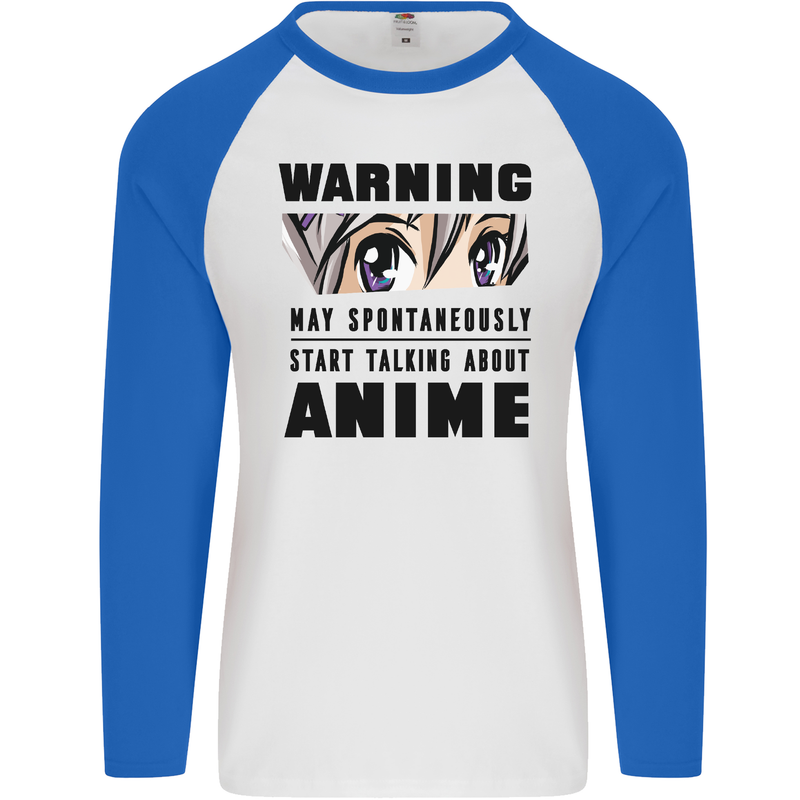 Warning May Start Talking About Anime Funny Mens L/S Baseball T-Shirt White/Royal Blue