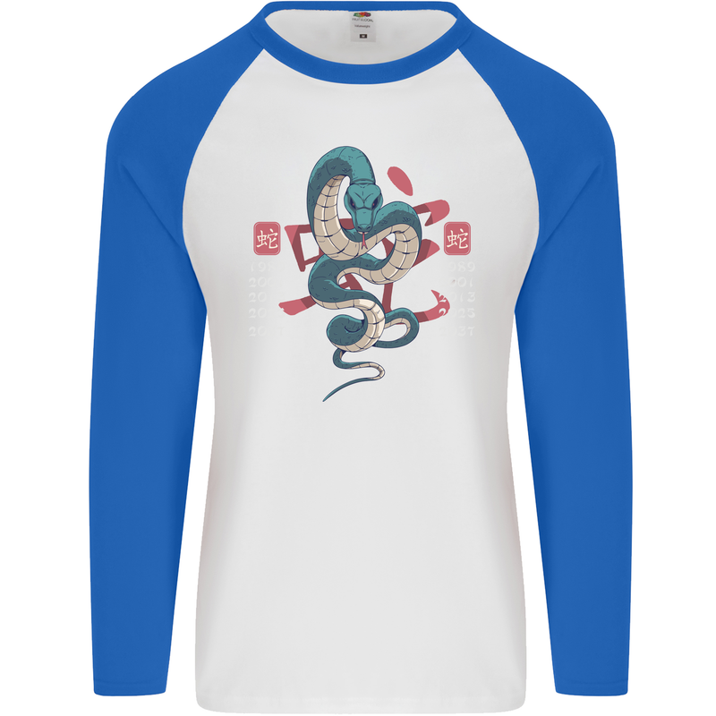 Chinese Zodiac Shengxiao Year of the Snake Mens L/S Baseball T-Shirt White/Royal Blue