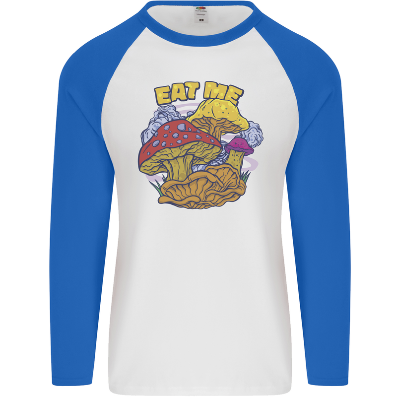 Eat Me Mushroom Fungi Mycology Mens L/S Baseball T-Shirt White/Royal Blue