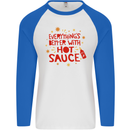 Everything's Better With Hot Sauce Funny Food Mens L/S Baseball T-Shirt White/Royal Blue