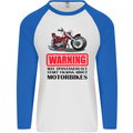 Warning May Spontaneously Talking About Motorbikes Mens L/S Baseball T-Shirt White/Royal Blue