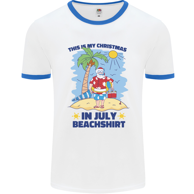Christmas in July Summer Santa Clause Beach Mens Ringer T-Shirt White/Royal Blue