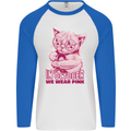 Breast Cancer Awareness October Cat Mens L/S Baseball T-Shirt White/Royal Blue