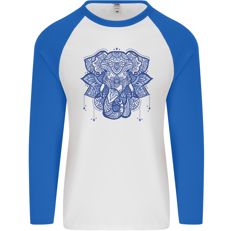 Mandala Art Elephant Mens L/S Baseball T-Shirt White/Royal Blue