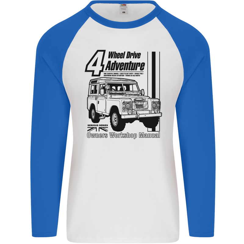 4 Wheel Drive Adventure 4X4 Off Road Mens L/S Baseball T-Shirt White/Royal Blue