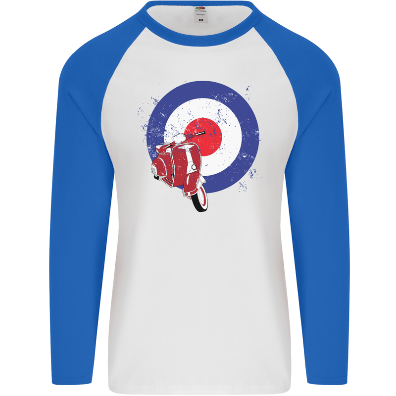 MOD Scooter Motorcycle Motorbike Mens L/S Baseball T-Shirt White/Royal Blue