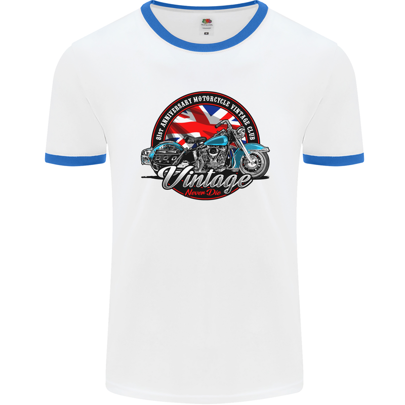 British Motorcycle Union Jack Flag Biker Chopper Mens Ringer T-Shirt White/Royal Blue