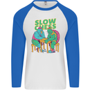 Slow Chess Funny Tortoise & Cock Mens L/S Baseball T-Shirt White/Royal Blue
