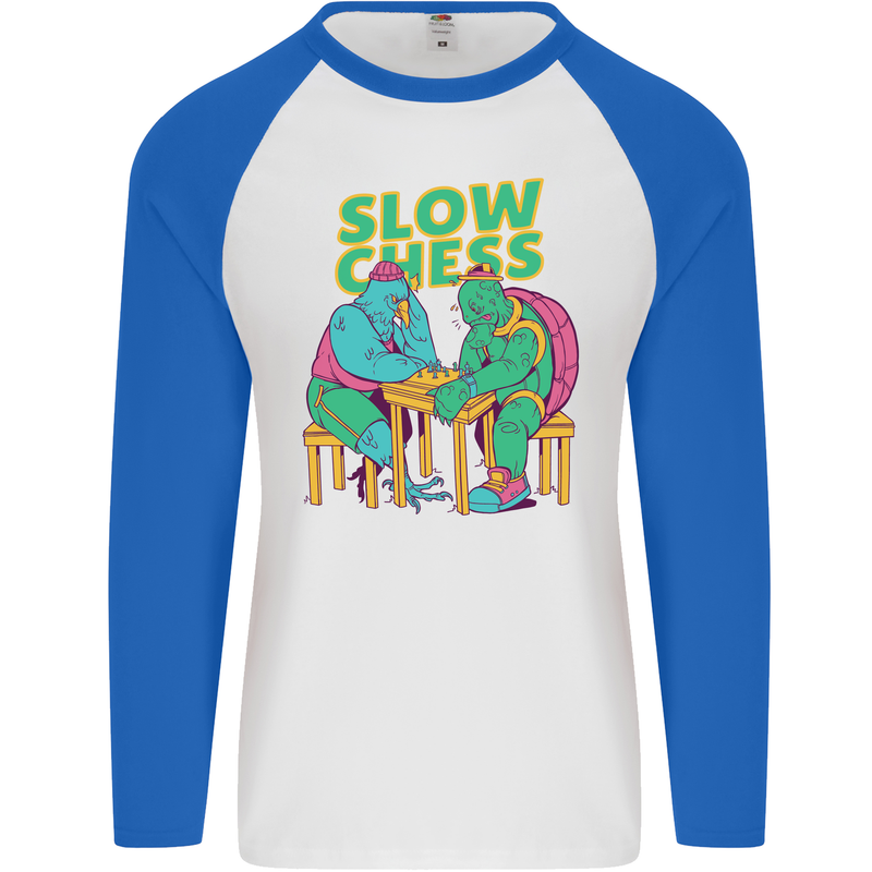 Slow Chess Funny Tortoise & Cock Mens L/S Baseball T-Shirt White/Royal Blue