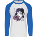 Anime Girl With Flowers Mens L/S Baseball T-Shirt White/Royal Blue