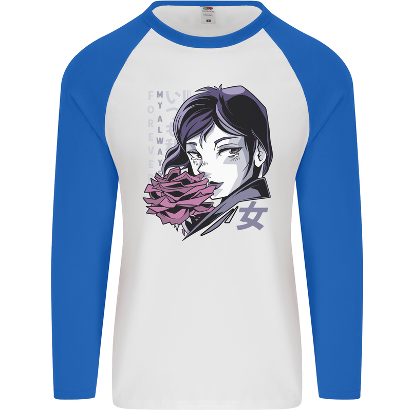 Anime Girl With Flowers Mens L/S Baseball T-Shirt White/Royal Blue