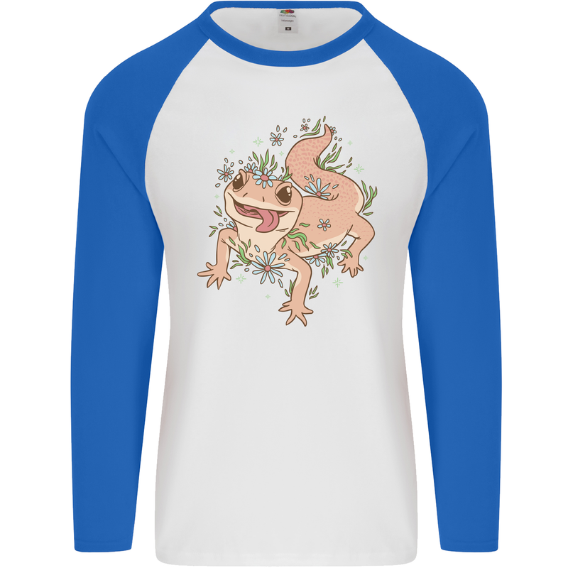 Gekko With Flowers Lizards Gecko Mens L/S Baseball T-Shirt White/Royal Blue