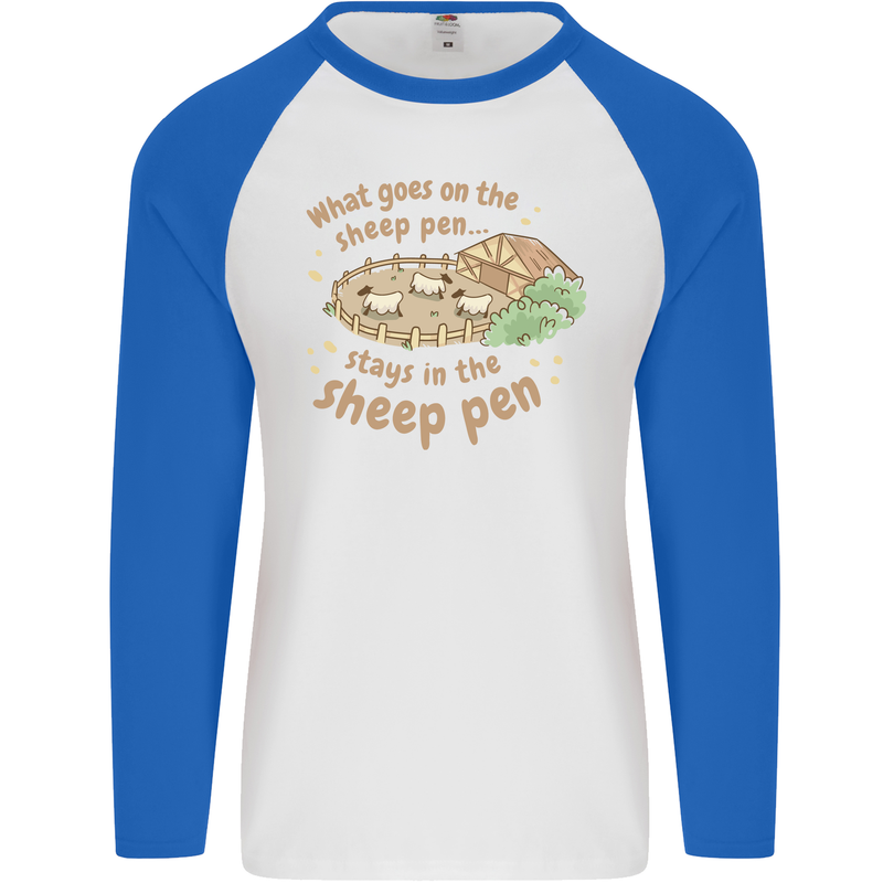 What Goes On In the Sheep Pen Farming Mens L/S Baseball T-Shirt White/Royal Blue