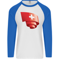 Curled Switzerland Flag Swiss Day Football Mens L/S Baseball T-Shirt White/Royal Blue