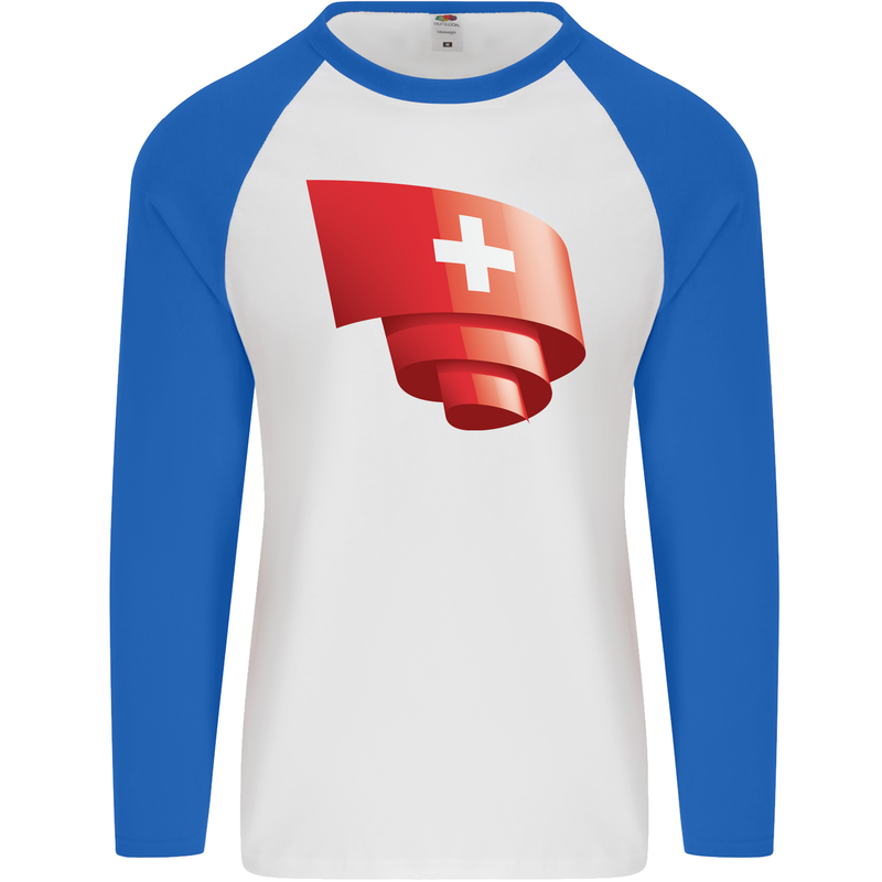 Curled Switzerland Flag Swiss Day Football Mens L/S Baseball T-Shirt White/Royal Blue