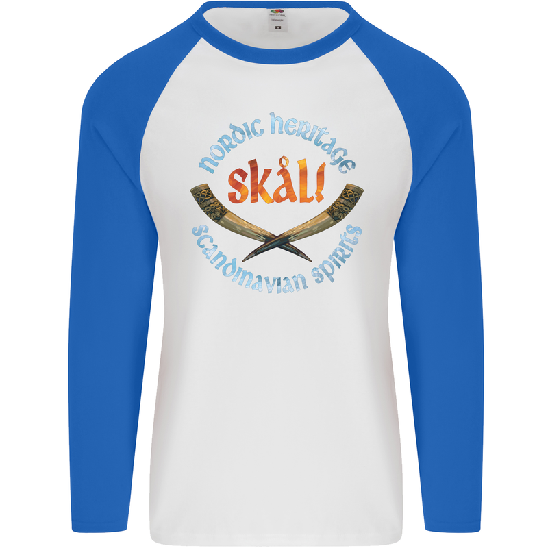 Skal The Vikings Alcohol Beer Nordic Odin Mens L/S Baseball T-Shirt White/Royal Blue
