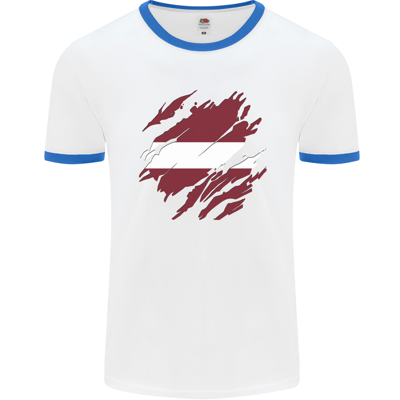 Torn Latvia Flag Latvian Day Football Mens Ringer T-Shirt White/Royal Blue