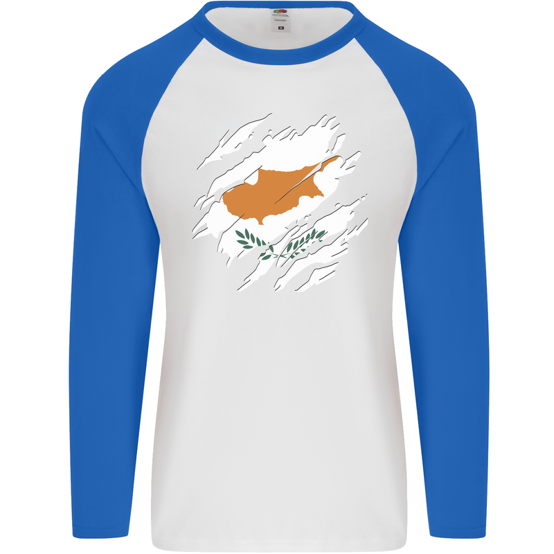 Torn Cyprus Flag Cypriot Day Football Mens L/S Baseball T-Shirt White/Royal Blue