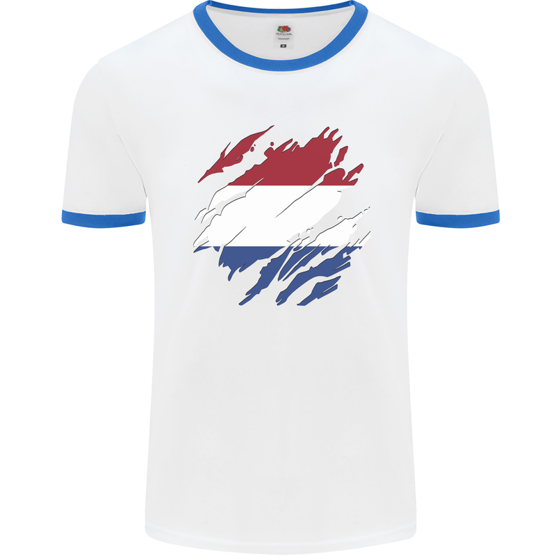 Torn Netherlands Flag Holland Dutch Day Football Mens Ringer T-Shirt White/Royal Blue