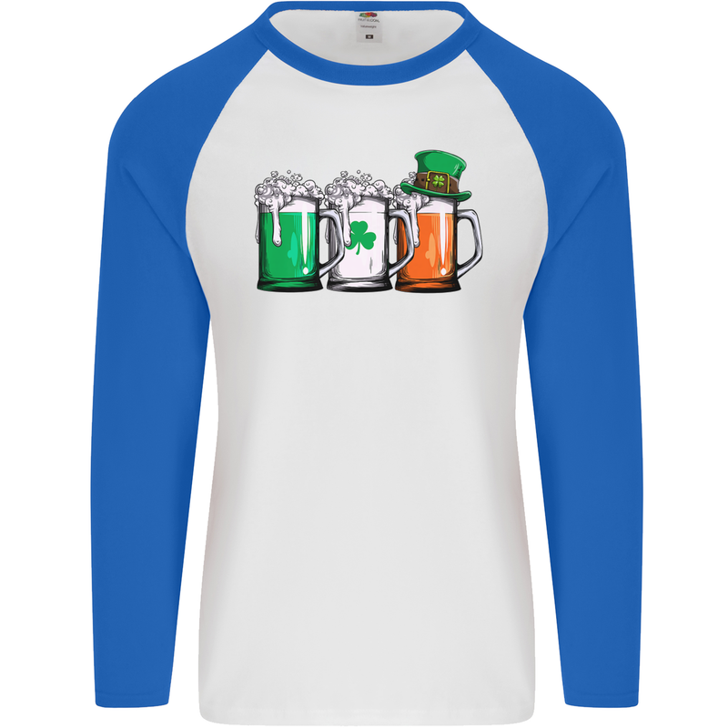 St Patricks Day Beer USA Irish Funny Mens L/S Baseball T-Shirt White/Royal Blue