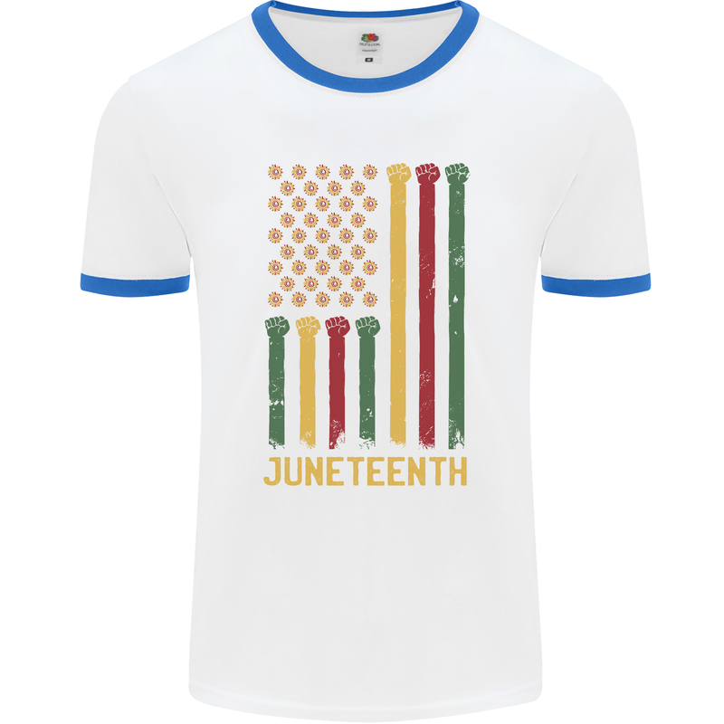 Juneteenth Black Lives Matter USA Flag Mens Ringer T-Shirt White/Royal Blue