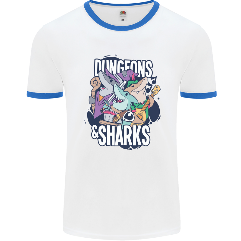 Dungeons & Sharks Role Play Games RPG Mens Ringer T-Shirt White/Royal Blue