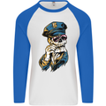 Policeman Skull Police Officer Force Mens L/S Baseball T-Shirt White/Royal Blue