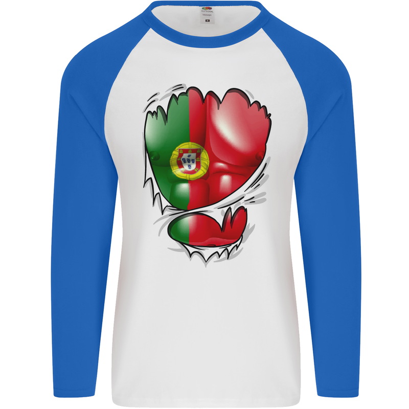 Gym Portuguese Flag Ripped Muscles Portugal Mens L/S Baseball T-Shirt White/Royal Blue