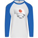 Curled Japan Flag Japanese Day Football Mens L/S Baseball T-Shirt White/Royal Blue