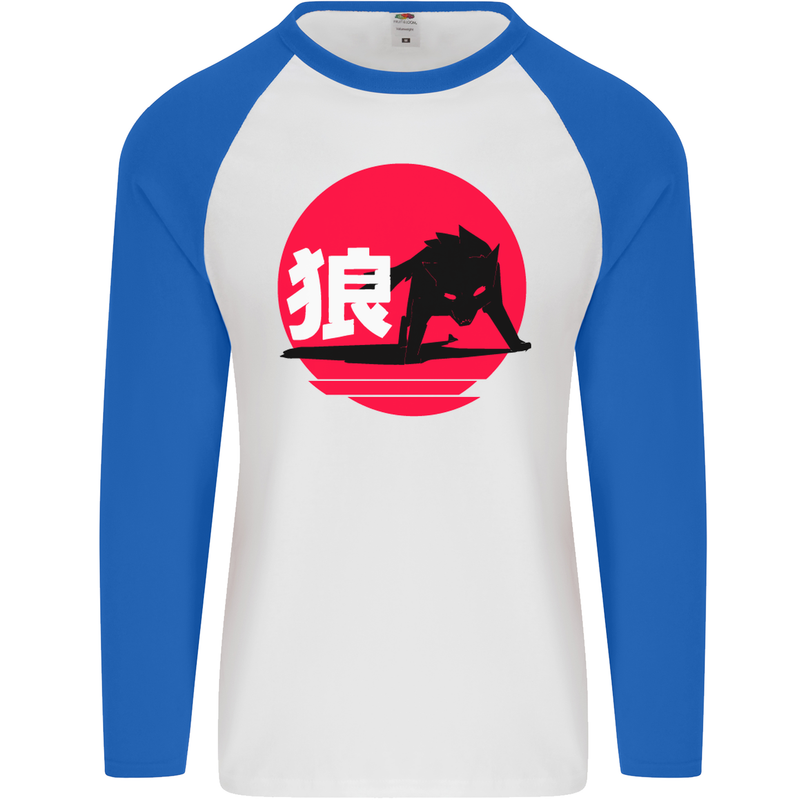 Japanese Wolf Japan Mens L/S Baseball T-Shirt White/Royal Blue