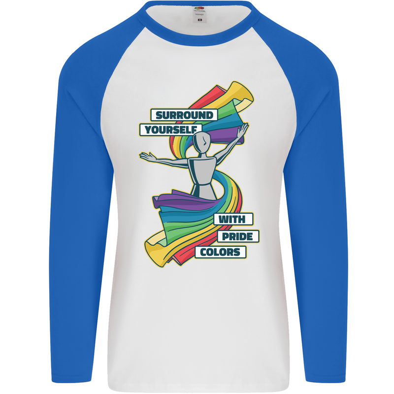 LGBT Surround Yourself Gay Pride Colours Mens L/S Baseball T-Shirt White/Royal Blue